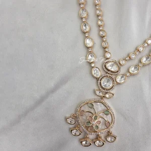 Polki Kundan Double Layer Necklace Set with Floral Pendant - Image 4