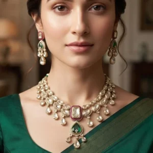 Statement Kundan Layered Bridal Necklace, Ruby Green