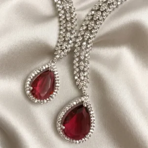 Teardrop American Diamond Necklace Set, Ruby - Image 3