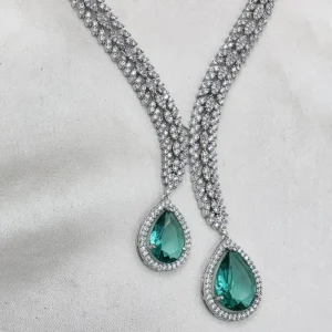 Teardrop American Diamond Necklace Set, Green - Image 2