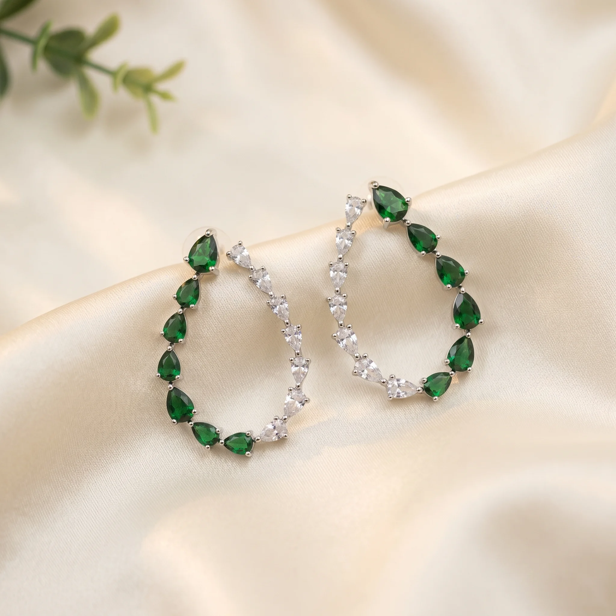 Teardrop Crystal Hoop Earrings, Green