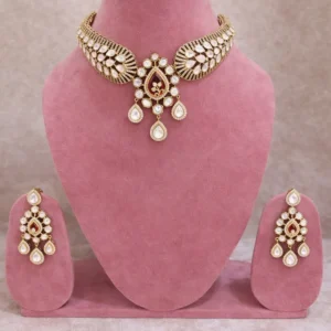 Royal Kundan Choker Set with Teardrop Earrings, Red - Image 5