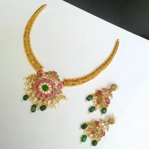 Traditional Gold Plated Kundan Necklace Set, Ruby Green - Image 5