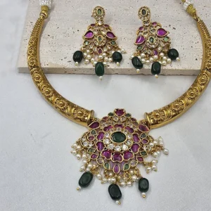 Traditional Gold Plated Kundan Necklace Set, Ruby Green - Image 3