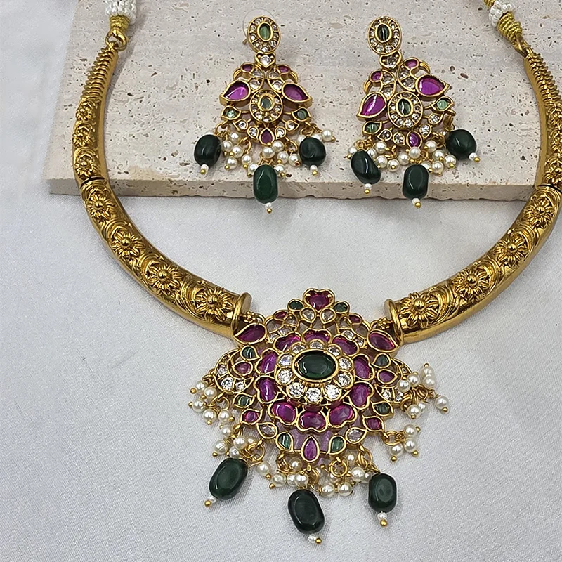 Traditional Gold Plated Kundan Necklace Set, Ruby Green - Image 3