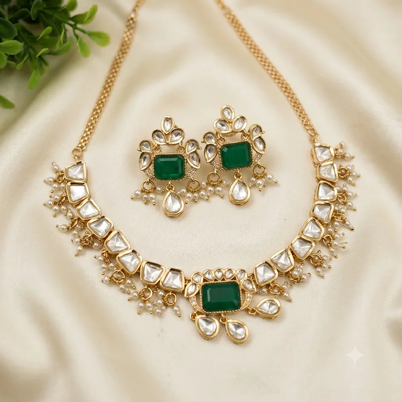 Emerald Polki Pearl Chokers Set - Image 3