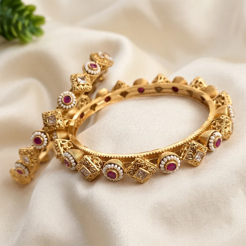Pearl Embellished Gold-Tone Bangle Set