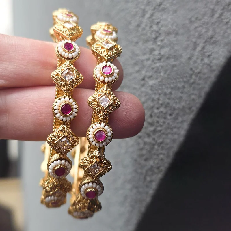 Ruby Pearl Embellished Gold-Tone Bangle Set, 2.8 - Image 4