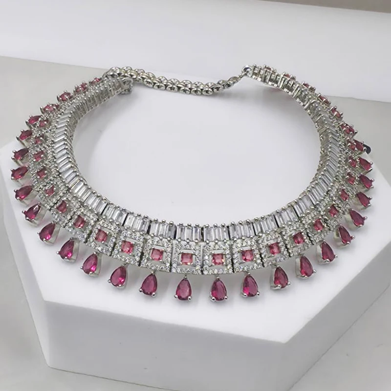 Ruby American Diamond Choker Necklace Set - Image 2