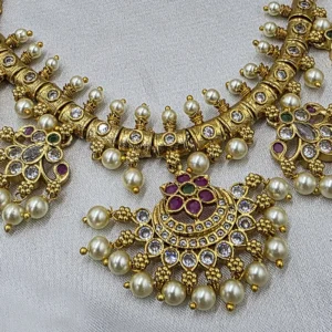 Antique Gold Kundan Pearl Choker with Multicolour Stones - Image 3