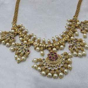 Alternative view of Antique Gold Kundan Pearl Choker with Multicolour Stones