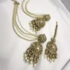 Antique Gold Kundan Pearl Earrings with Maang Tikka