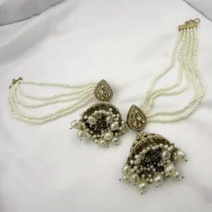 Antique Gold Pearl Jhumkas with Ear Chain