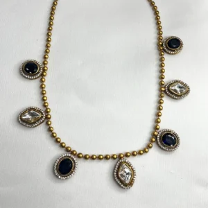 Kundan Beaded Necklace Set with Earrings, Blue - Image 2