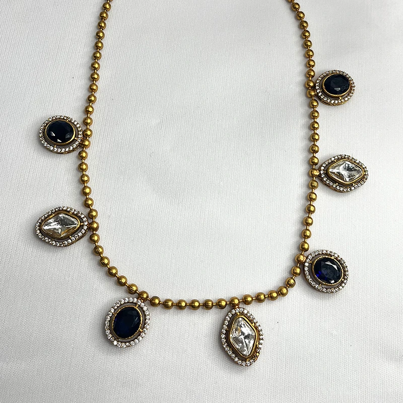 Kundan Beaded Necklace Set with Earrings, Blue - Image 2