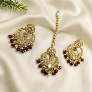 Kundan Pearl Chandbali Earrings with Maang Tikka, Ruby