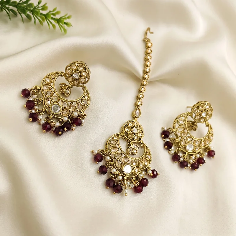 Kundan Pearl Chandbali Earrings with Maang Tikka, Ruby