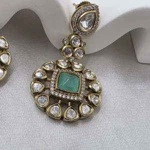 Kundan Polki Necklace Set with Pearl Beads, Mint - Image 6