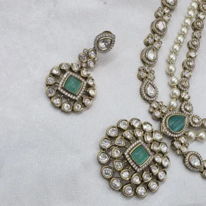 Kundan Polki Necklace Set with Pearl Beads, Mint - Image 5