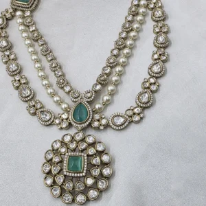 Kundan Polki Necklace Set with Pearl Beads, Mint - Image 3