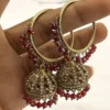 Crystal Beaded Chandbali Jhumkas, Red
