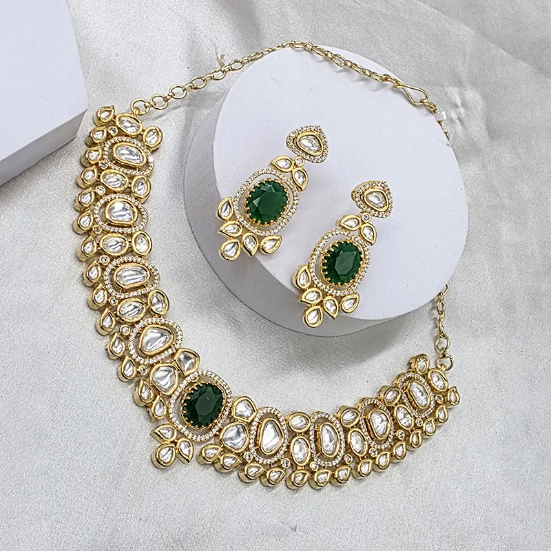 Emerald Kundan Polki Choker Necklace Set