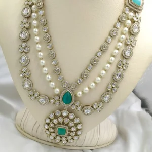 Alternative view of Kundan Polki Necklace Set with Pearl Beads, Mint