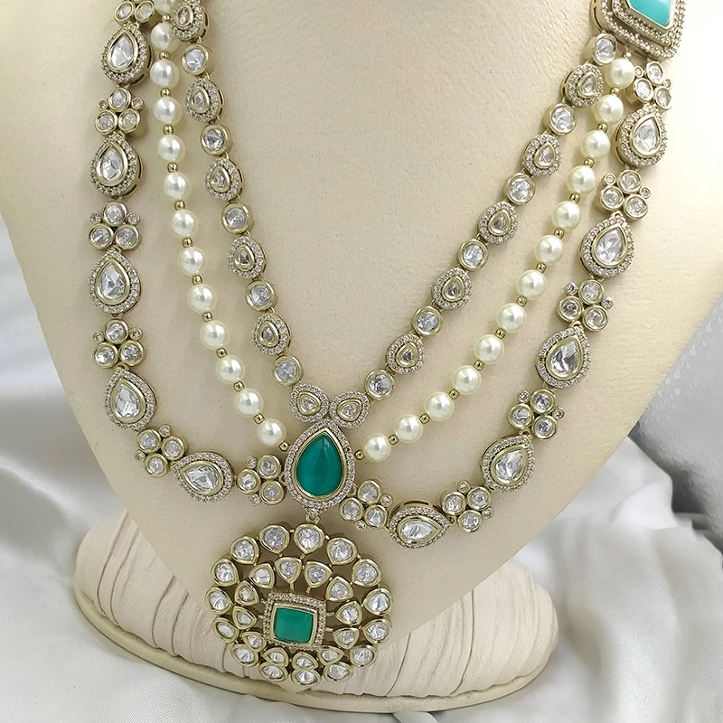 Kundan Polki Necklace Set with Pearl Beads, Mint - Image 2