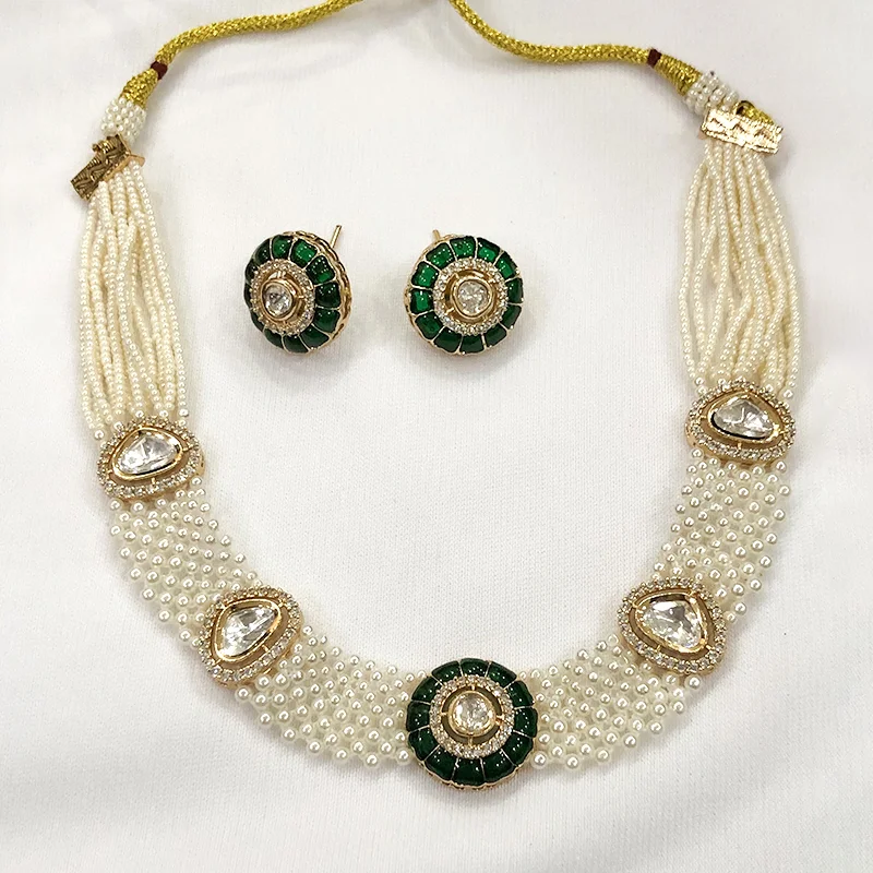 Emerald Pearl Kundan Necklace Set with Earrings