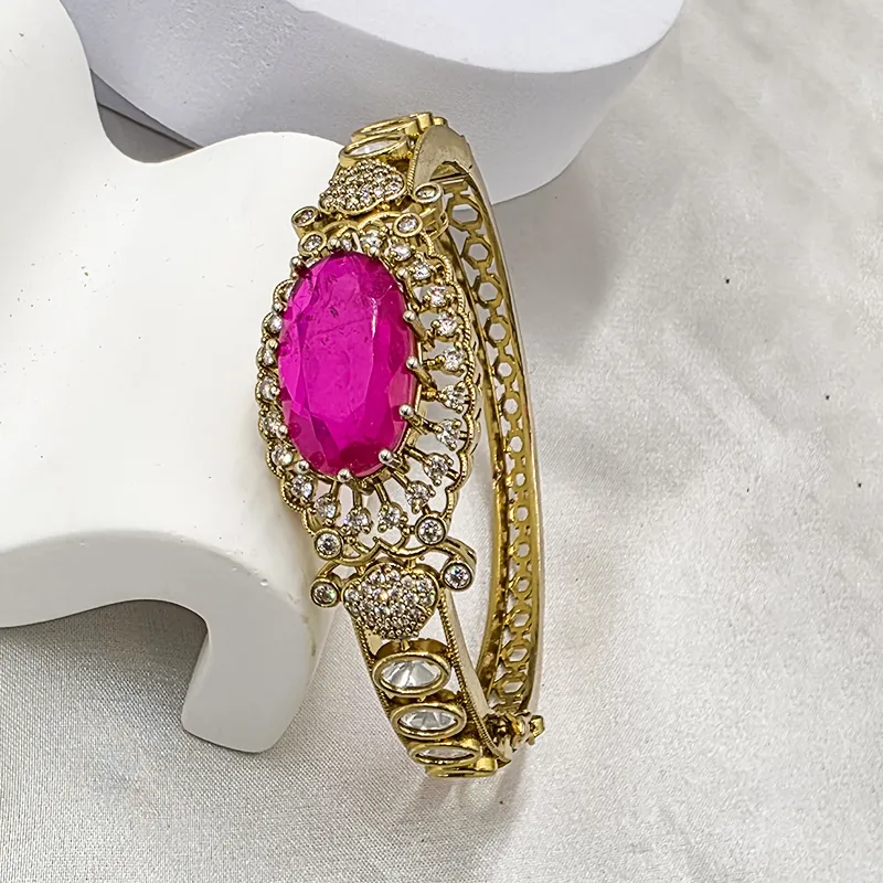 Gold-Tone Kundan Designer Bangle, Hot Pink - Image 3