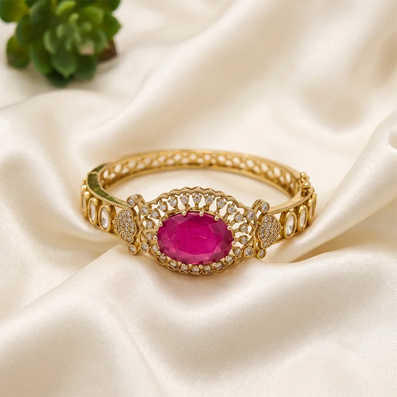 Gold-Tone Kundan Designer Bangle, Hot Pink - Image 2