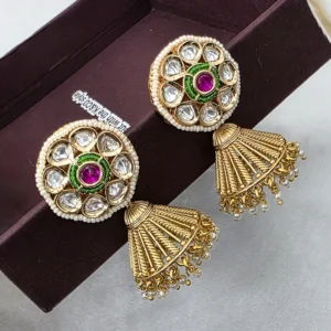 Traditional Gold-Tone Kundan Necklace Set with Jhumka - Image 3