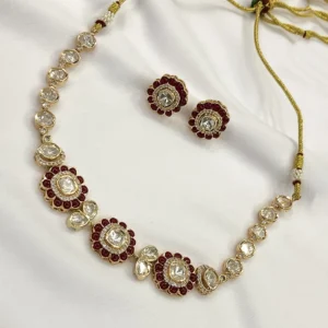 Gold-Tone Ruby Floral Necklace and Stud Earrings Set
