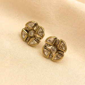 Golden Geometric Kundan Studs Earrings