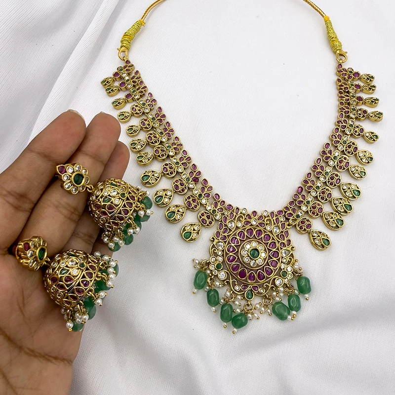 Jadau Inspired Ruby Green Kundan Necklace with Jhumkis