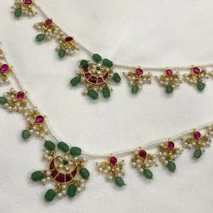 Pink Green Pearl & Kundan Multilayer Necklace - Image 3