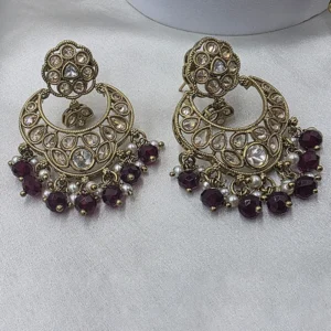 Kundan Pearl Chandbali Earrings with Maang Tikka, Ruby - Image 3