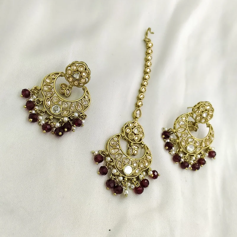 Kundan Pearl Chandbali Earrings with Maang Tikka, Ruby - Image 2