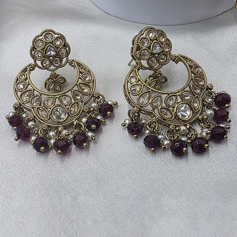 Kundan Pearl Chandbali Earrings with Maang Tikka, Ruby - Image 3