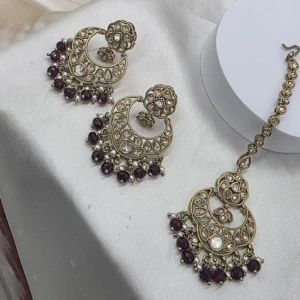 Kundan Pearl Chandbali Earrings with Maang Tikka, Ruby - Image 5