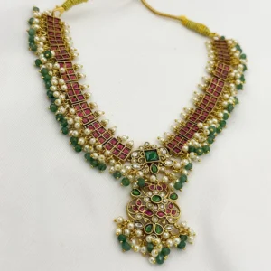 Alternative view of Kundan Pearl Premium Necklace with Jadau Emerald Hue