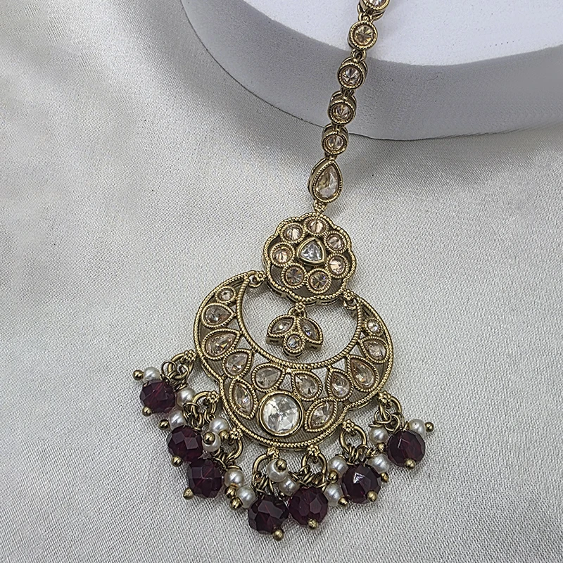 Kundan Pearl Chandbali Earrings with Maang Tikka, Ruby - Image 4
