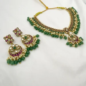 Kundan Pearls Necklace Set with Emerald & Ruby Stones