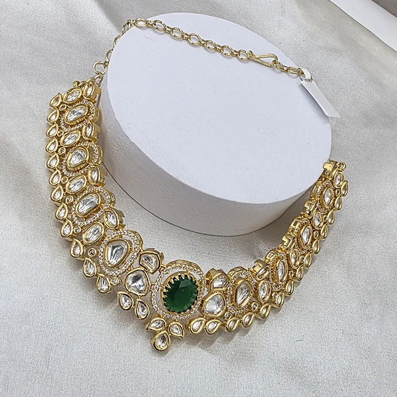 Emerald Kundan Polki Choker Necklace Set - Image 2
