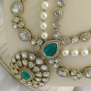 Kundan Polki Necklace Set with Pearl Beads, Mint - Image 3