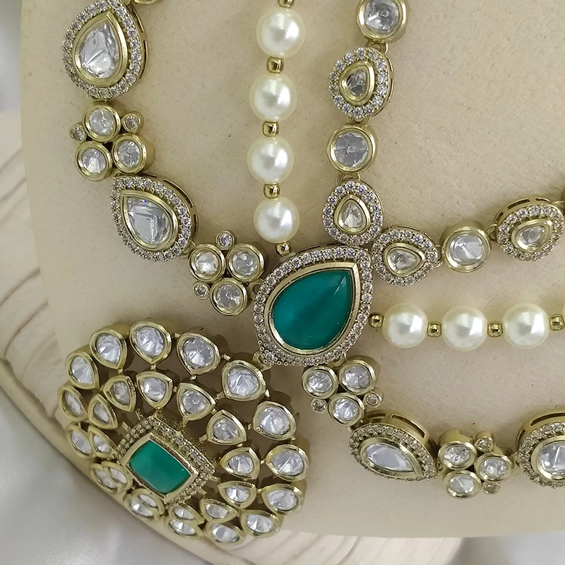 Kundan Polki Necklace Set with Pearl Beads, Mint - Image 3