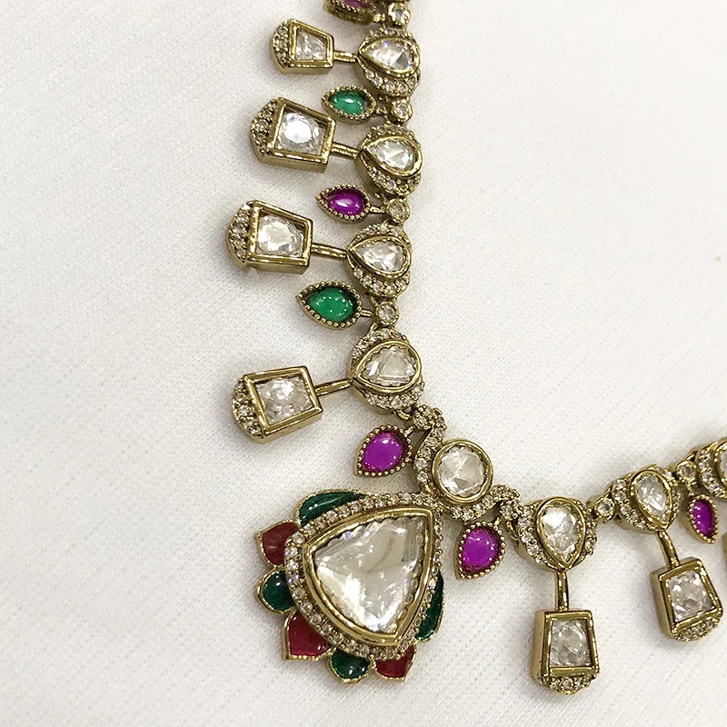 Multicolour Kundan Teardrop Necklace Set - Image 3