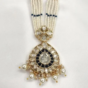Navy Blue Pearl Kundan Pendant Necklace Set - Image 3