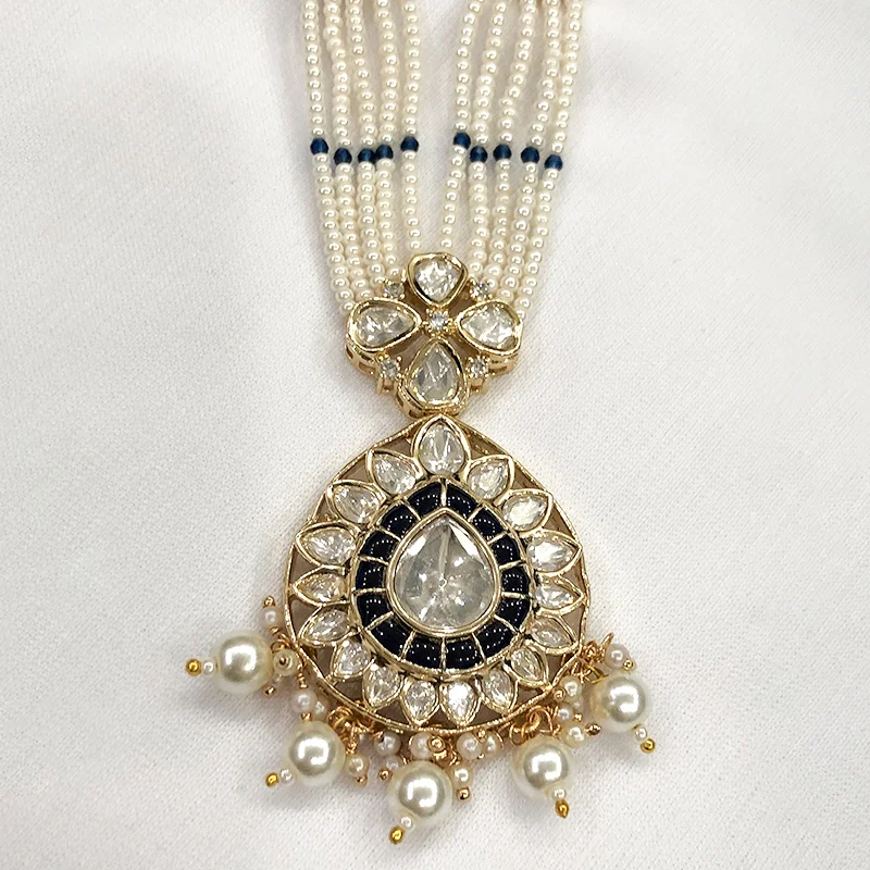 Navy Blue Pearl Kundan Pendant Necklace Set - Image 3