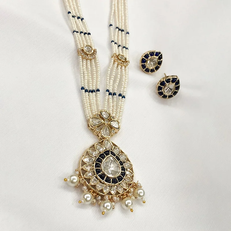 Navy Blue Pearl Kundan Pendant Necklace Set - Image 2